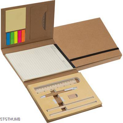 WRITING CASE with Cardboard Card Cover, Ruler, Writing Pad & Adhesive Markers in Brown