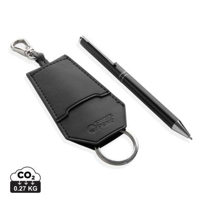 SP TULA RCS CERTIFIED RECYCLED PU KEY HOLDER KEYRING AND PEN SET in Black