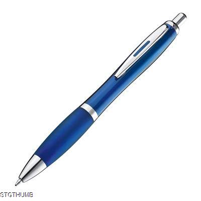 CLEAR TRANSPARENT BALL PEN with Rubber Grip in Blue