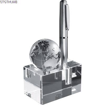 GLASS CUBE PEN STAND with Loose World Globe