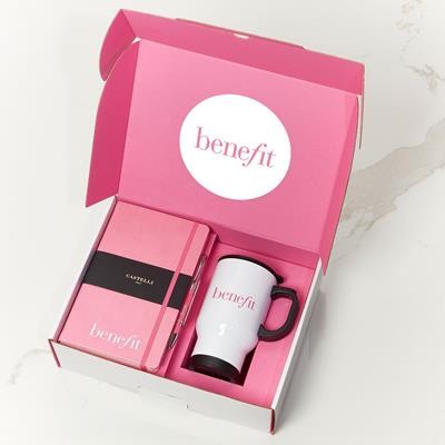 NOTE BOOK, PEN AND WHITE TRAVEL MUG PINK CORPORATE GIFT BOX