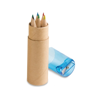 ROLS PENCIL BOX TUBE with 6 Colour Pencil Set & Sharpener in Blue