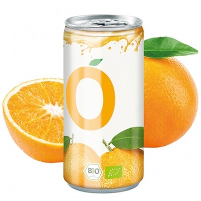 ORGANIC ORANGE JUICE in Eco Aluminiun Recyclable Can with Eco Printed Label, Fully Recyclable