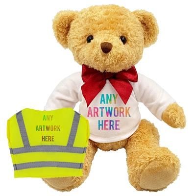 PRINTED PROMOTIONAL SOFT TOY WILLIAM TEDDY BEAR with Hi-vis Vest AND RED RIBBON