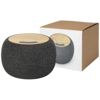 ECOFIBER BAMBOO & RPET BLUETOOTH® SPEAKER AND CORDLESS CHARGER PAD in Natural & Grey