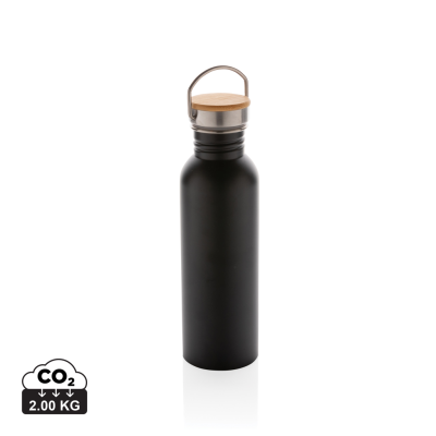 MODERN STAINLESS STEEL METAL BOTTLE with Bamboo Lid in Black