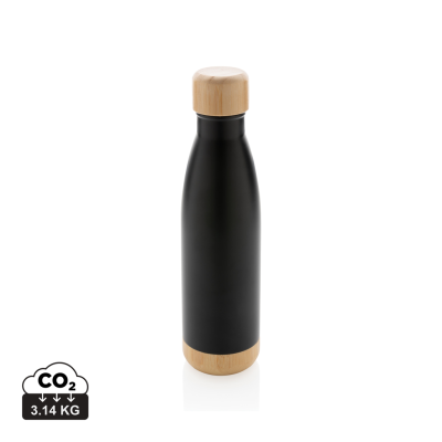 VACUUM STAINLESS STEEL METAL BOTTLE with Bamboo Lid & Bottom in Black