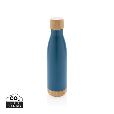 VACUUM STAINLESS STEEL METAL BOTTLE with Bamboo Lid & Bottom in Blue