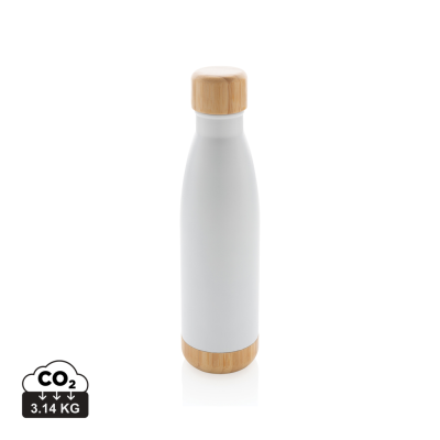 VACUUM STAINLESS STEEL METAL BOTTLE with Bamboo Lid & Bottom in White