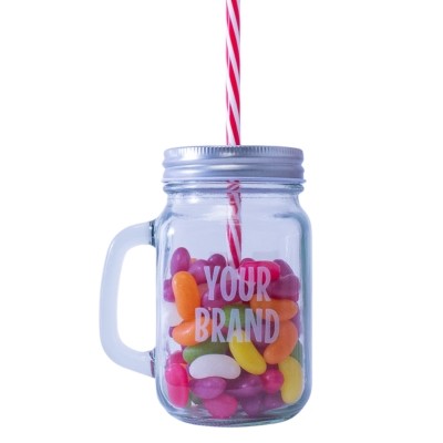 CUSTOM LOGO SWEETS in Mason Jar with Lid & Straw - 200g