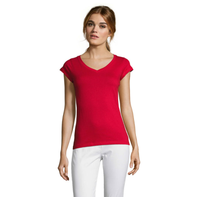 MOON WOMENS V-NECK TEE SHIRT in Red