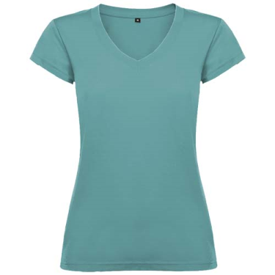 VICTORIA SHORT SLEEVE WOMENS V-NECK TEE SHIRT in Dusty Blue