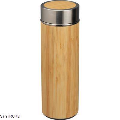 STAINLESS STEEL METAL MUG with Tea Strainer in Bamboo Look 350ml in Beige