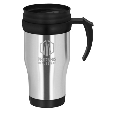 TOUR DOUBLE WALLED TRAVEL MUG with Handle - 400Ml Silver & Black