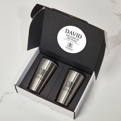 TWO SILVER TRAVEL TUMBLERS BLACK CORPORATE GIFT BOX