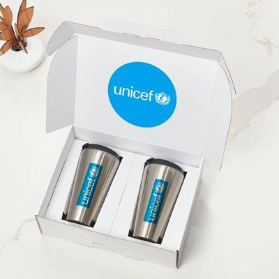 TWO SILVER TRAVEL TUMBLERS WHITE CORPORATE GIFT BOX