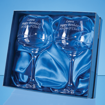 2 DIAMANTE GIN GLASSES with Spiral Design Cutting in an Attractive Gift Box