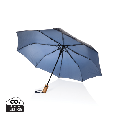 KAYCEY 21 INCH AWARE™ RPET ACACIA WOOD MINI AUTO OPEN UMBRELLA in Navy